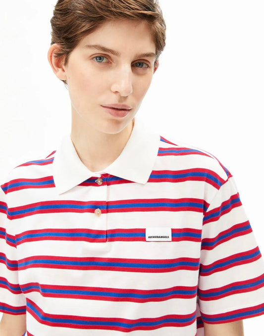 STRIPE POLO T-SHIRT - Light Oatmilk-Mars Red-Dynamo Blue