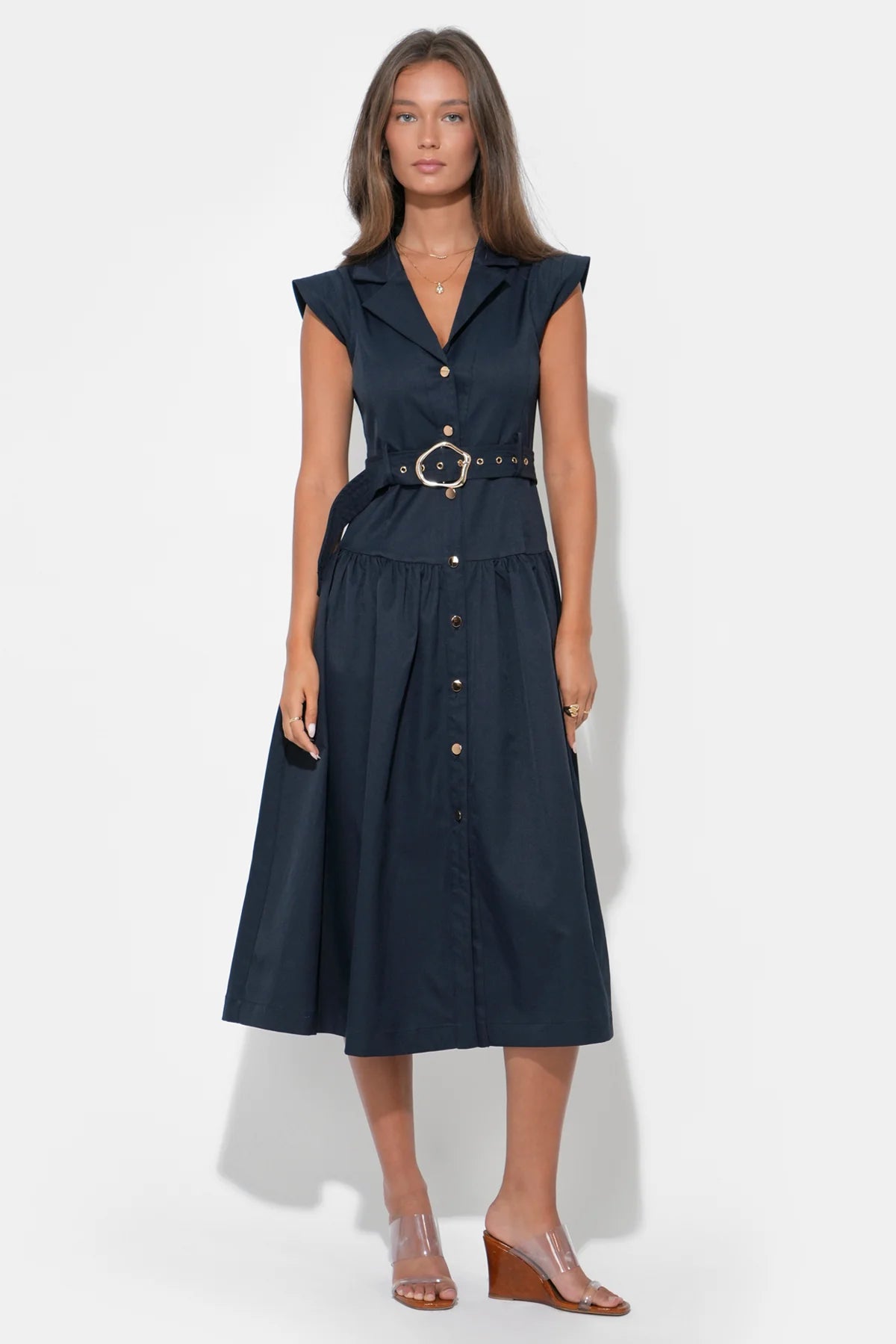 Olivia Button Up Belted Shirt Midi Dress