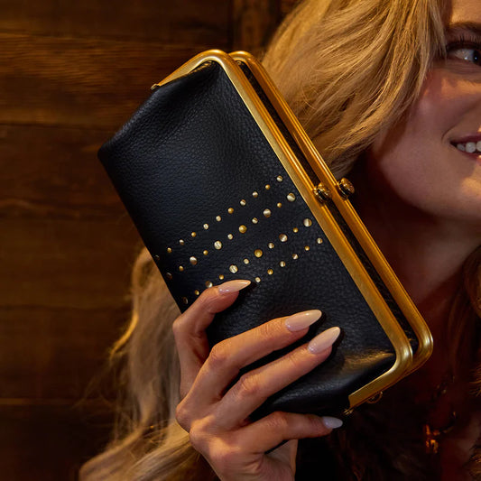 Lauren Clutch Wallet in Pebbled Leather - Black with Studs