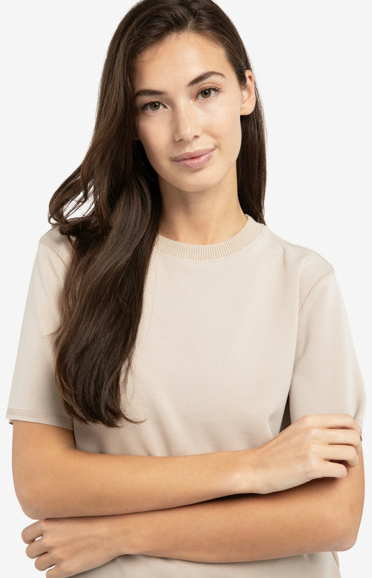 Short Sleeve Sweatshirt with Ribbed Knit Neckline - Oxford Tan Brown