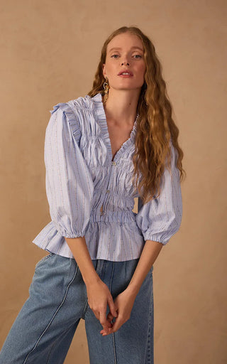 Smocked Detailed Blouse in Blue Sky