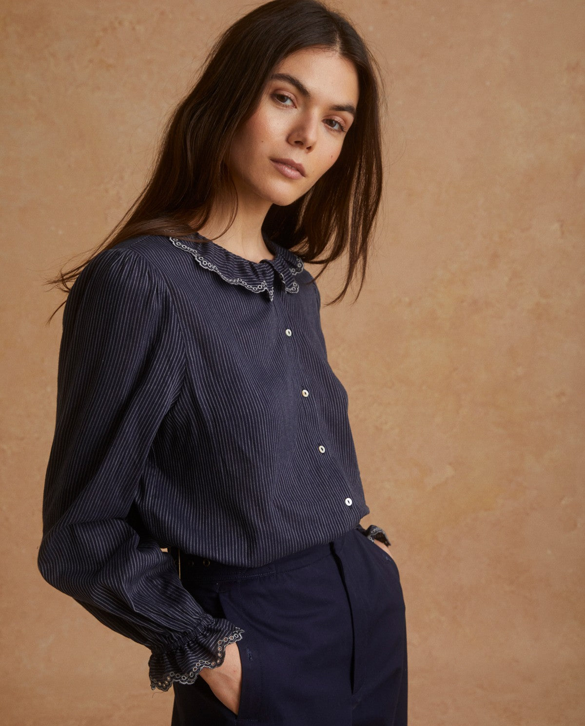 Navy Shirt with Ruffles & Embroidery
