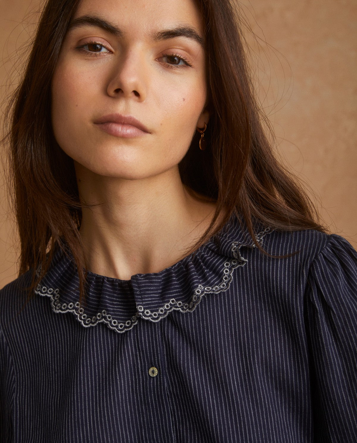 Navy Shirt with Ruffles & Embroidery