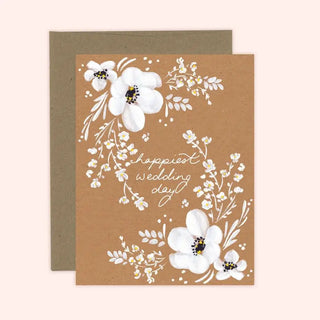 Happiest Wedding Day White Floral Card - Kraft