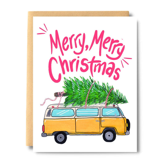 Yellow Camper Van Christmas Card: With Card Clasp