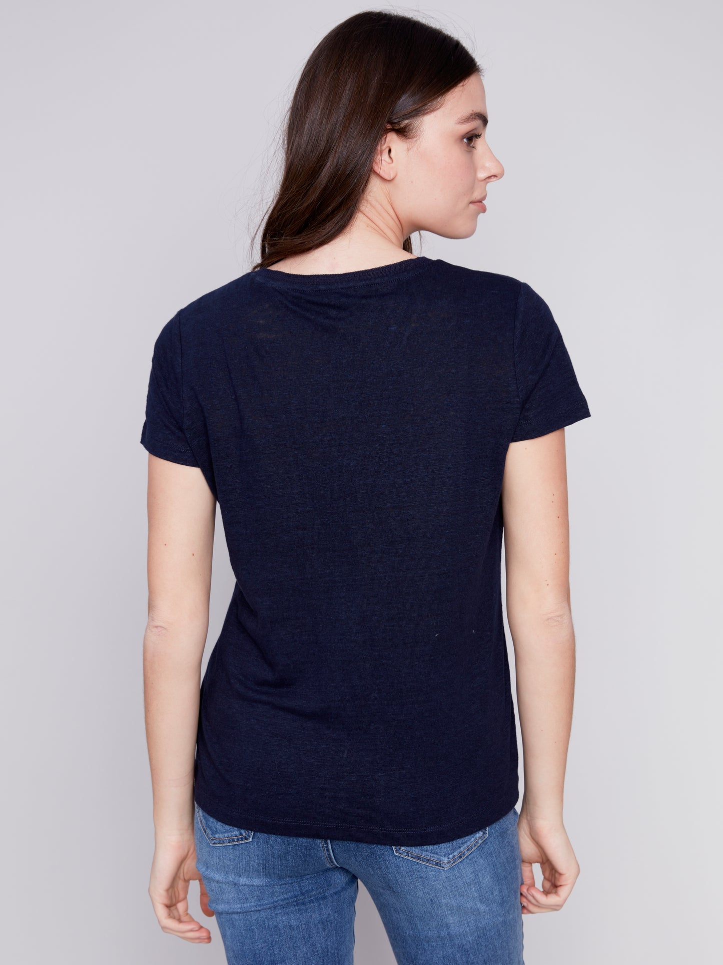 Short Sleeves V Neck Linen T Shirt - Navy