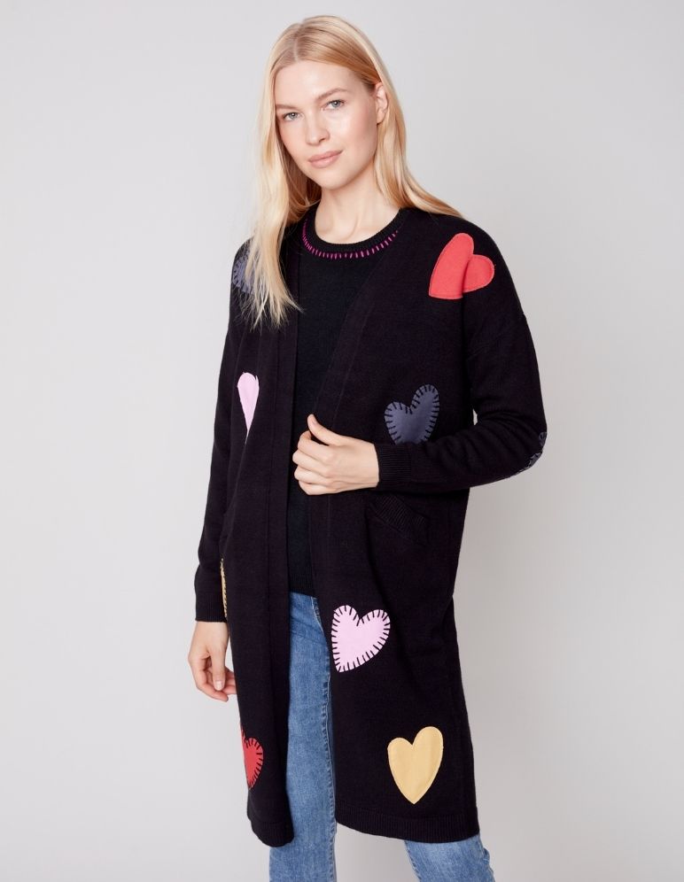 Long Cardigan with Pockets and Heart Patches