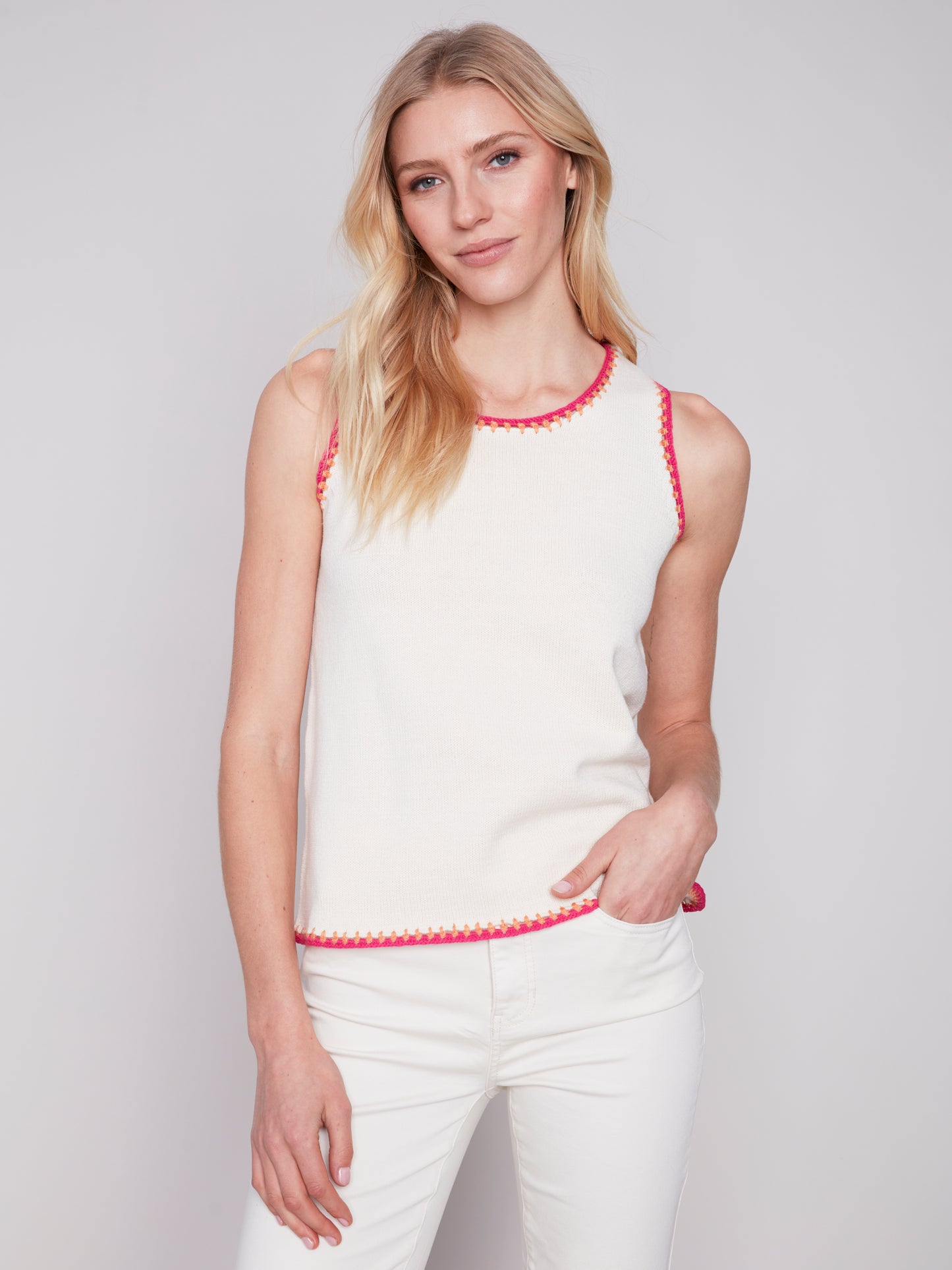 Crew Neck Knit Cami With Contrast Color Crochet Edges