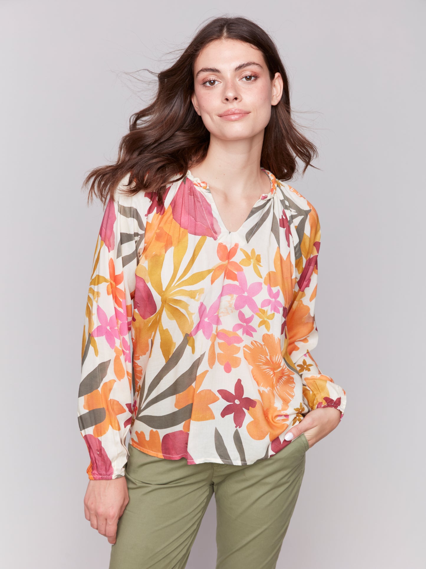 Printed Raglan Long Sleeve Popover Blouse