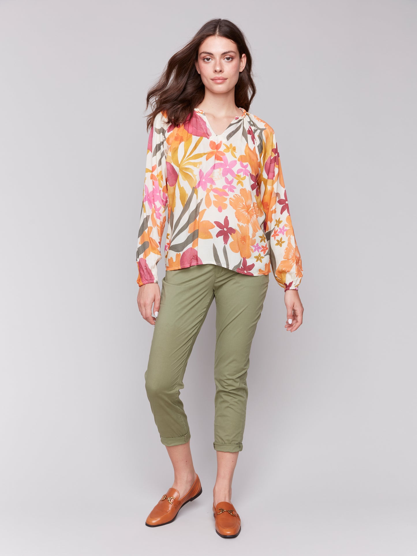 Printed Raglan Long Sleeve Popover Blouse