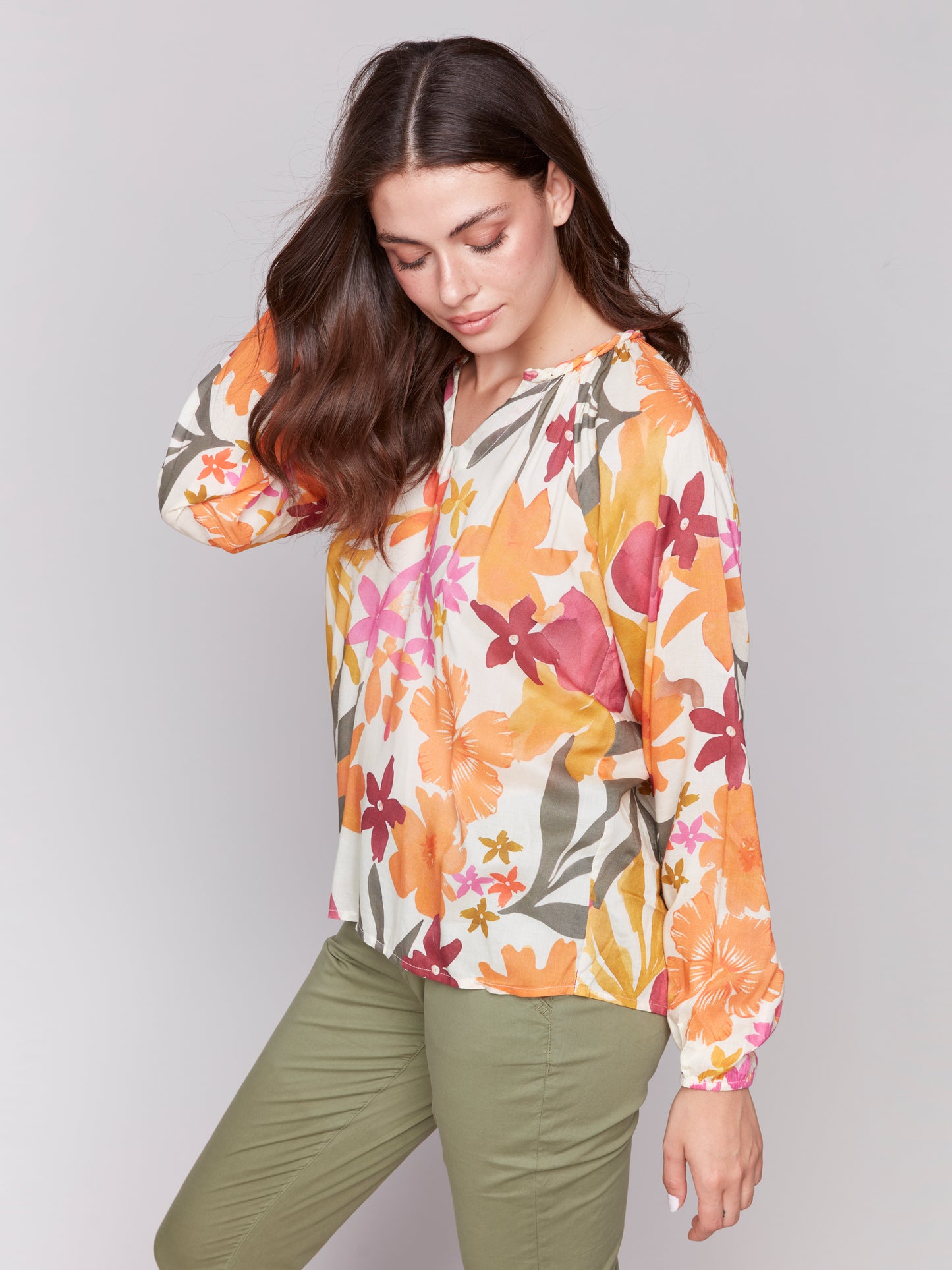 Printed Raglan Long Sleeve Popover Blouse