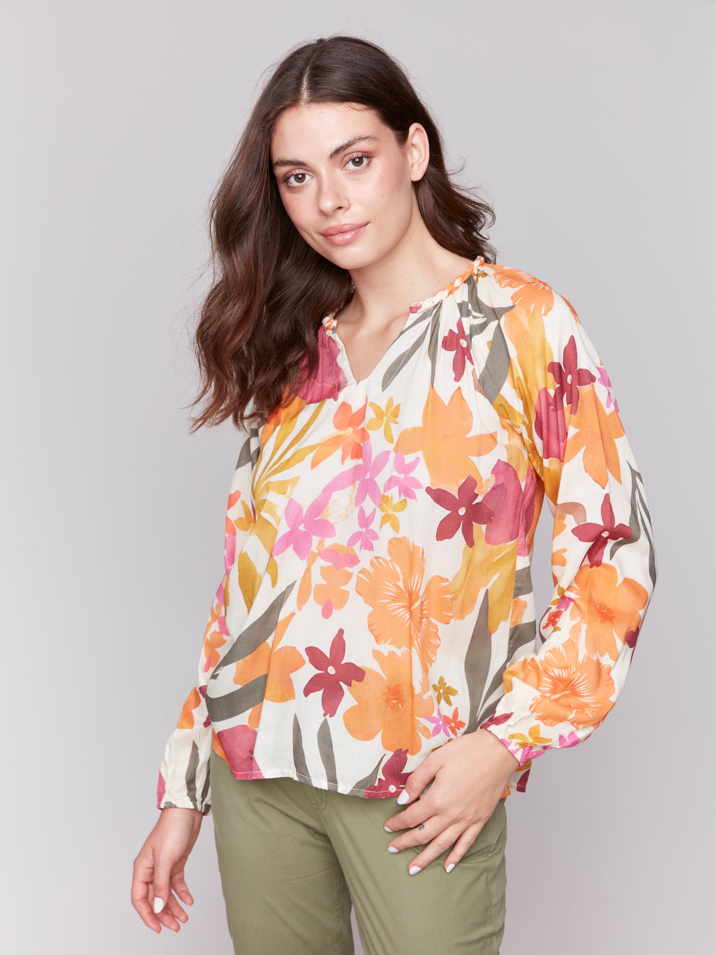 Printed Raglan Long Sleeve Popover Blouse