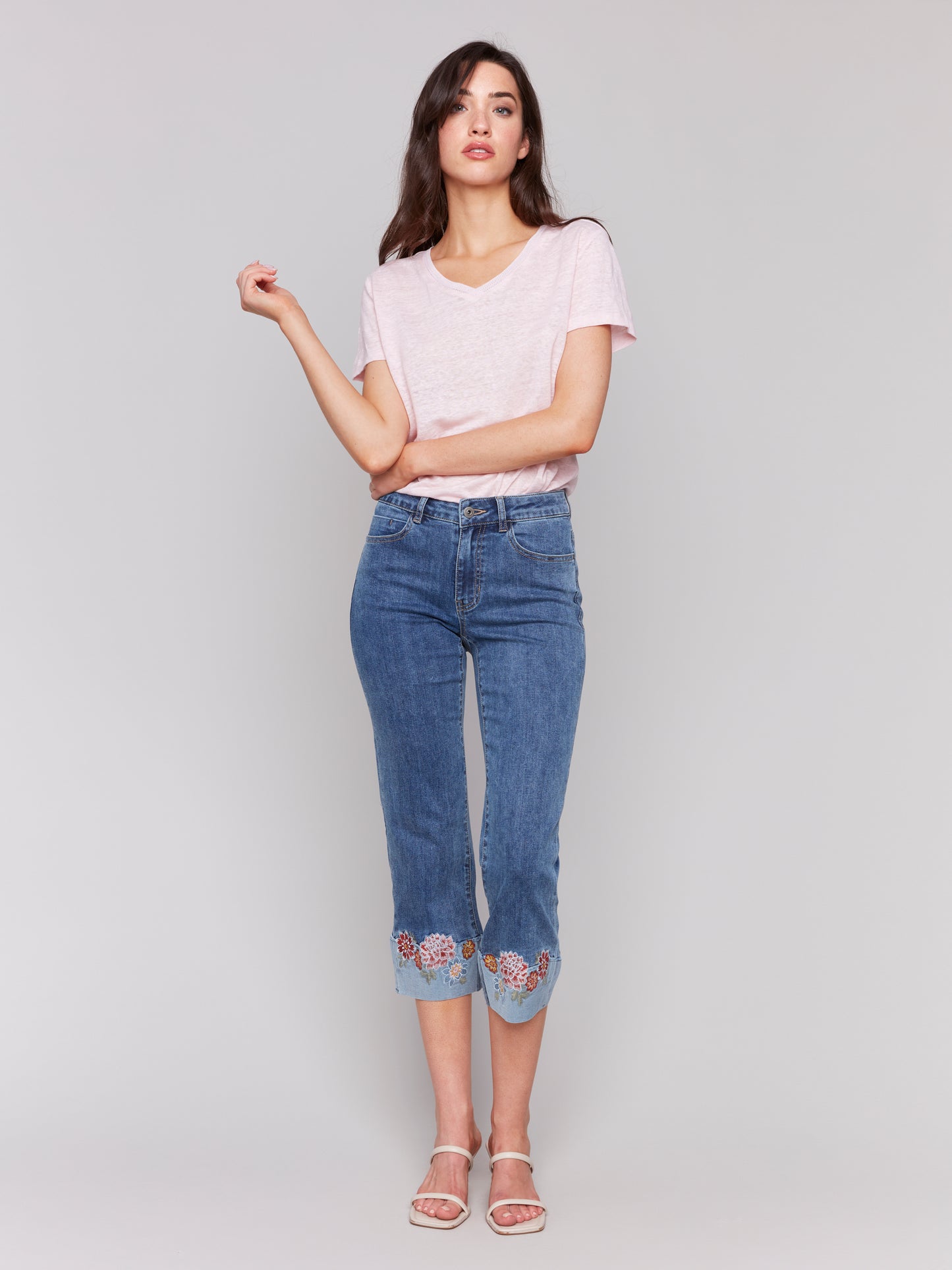 Embroidered Roll Up Cuff Pant