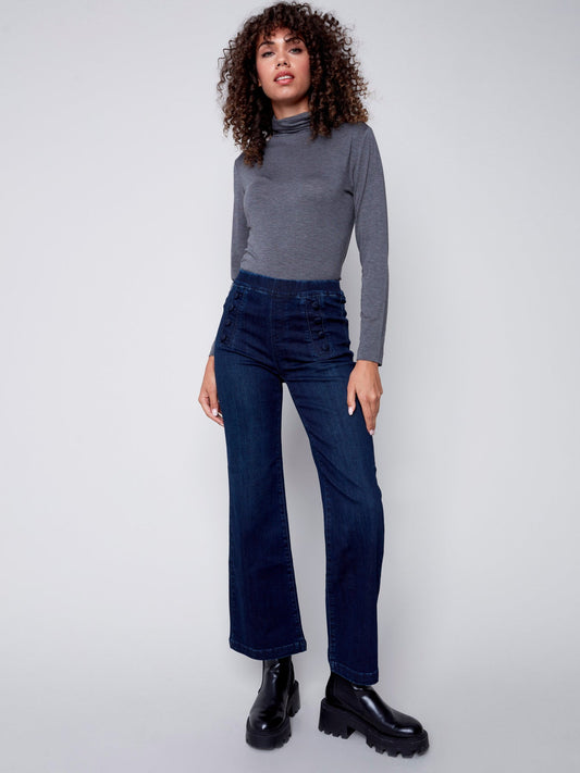 Wide Leg Pant With Front Button Plackets - Indigo