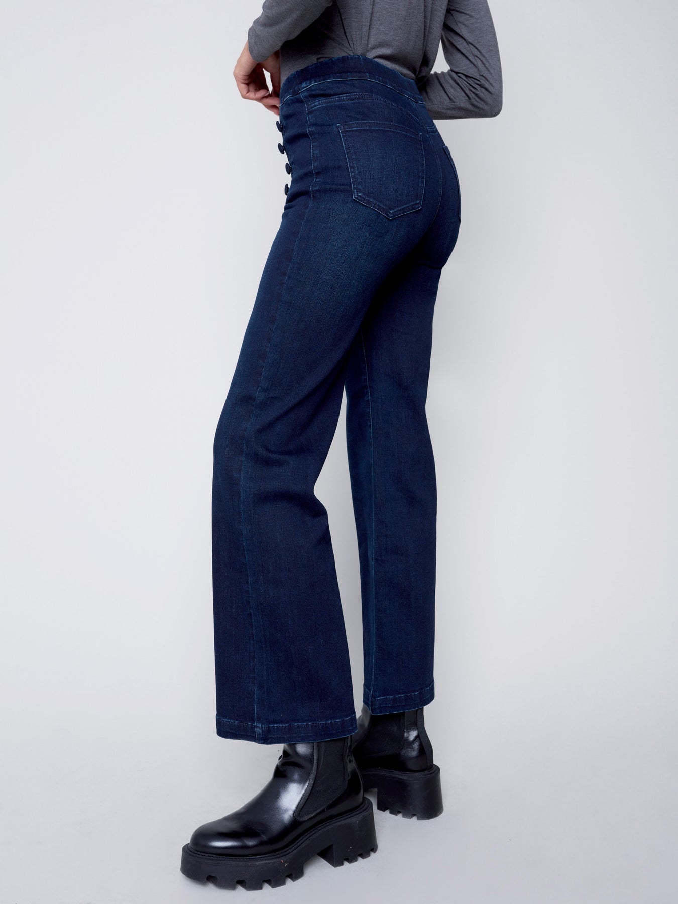 Wide Leg Pant With Front Button Plackets - Indigo