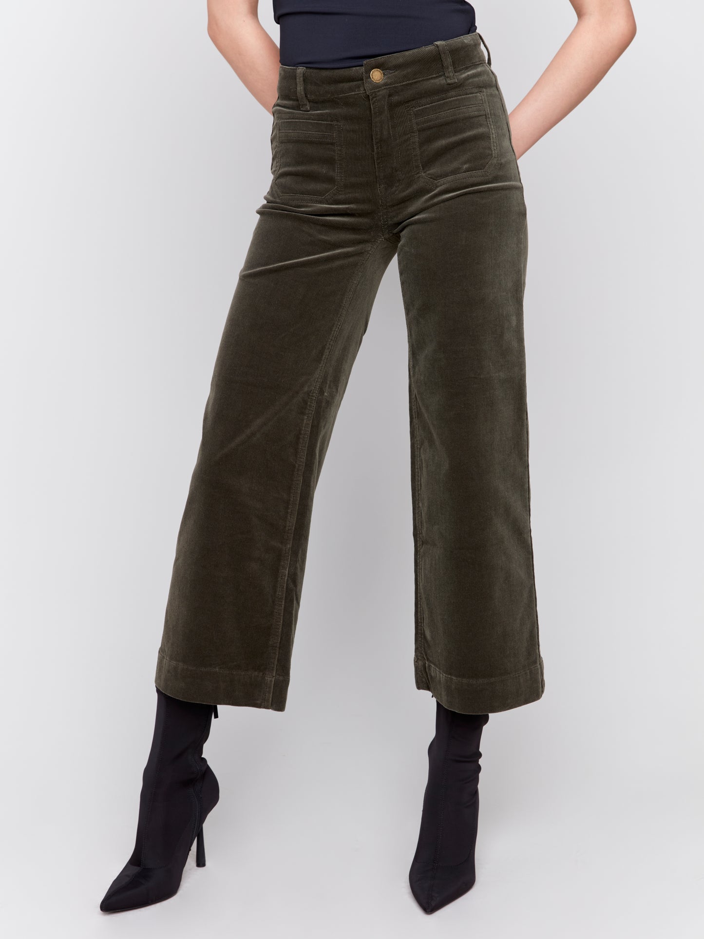 Corduroy Cropped Flare Leg Front Patch Pocket Pant