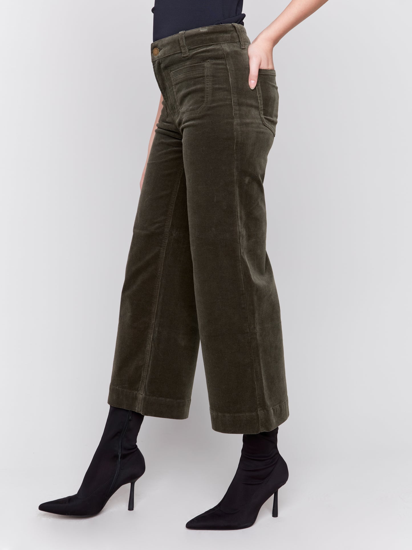 Corduroy Cropped Flare Leg Front Patch Pocket Pant