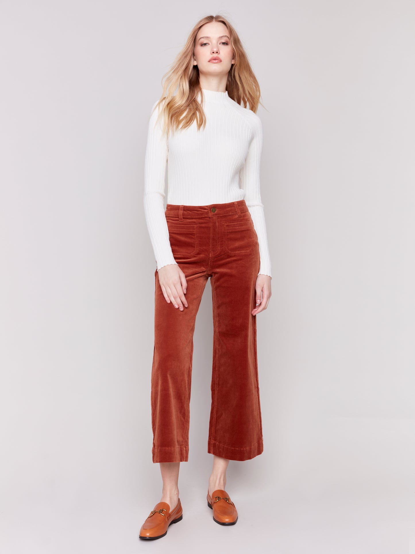 Corduroy Cropped Flare Leg Front Patch Pocket Pant