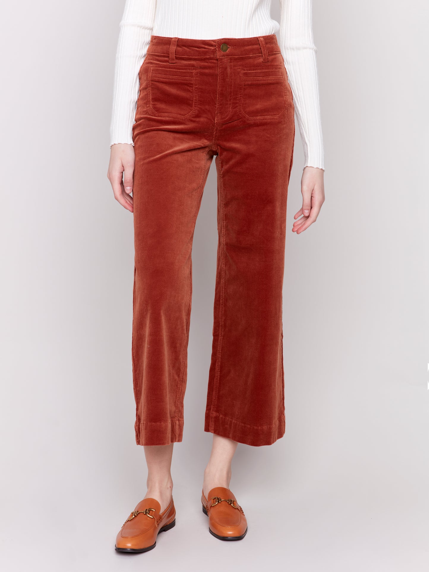 Corduroy Cropped Flare Leg Front Patch Pocket Pant