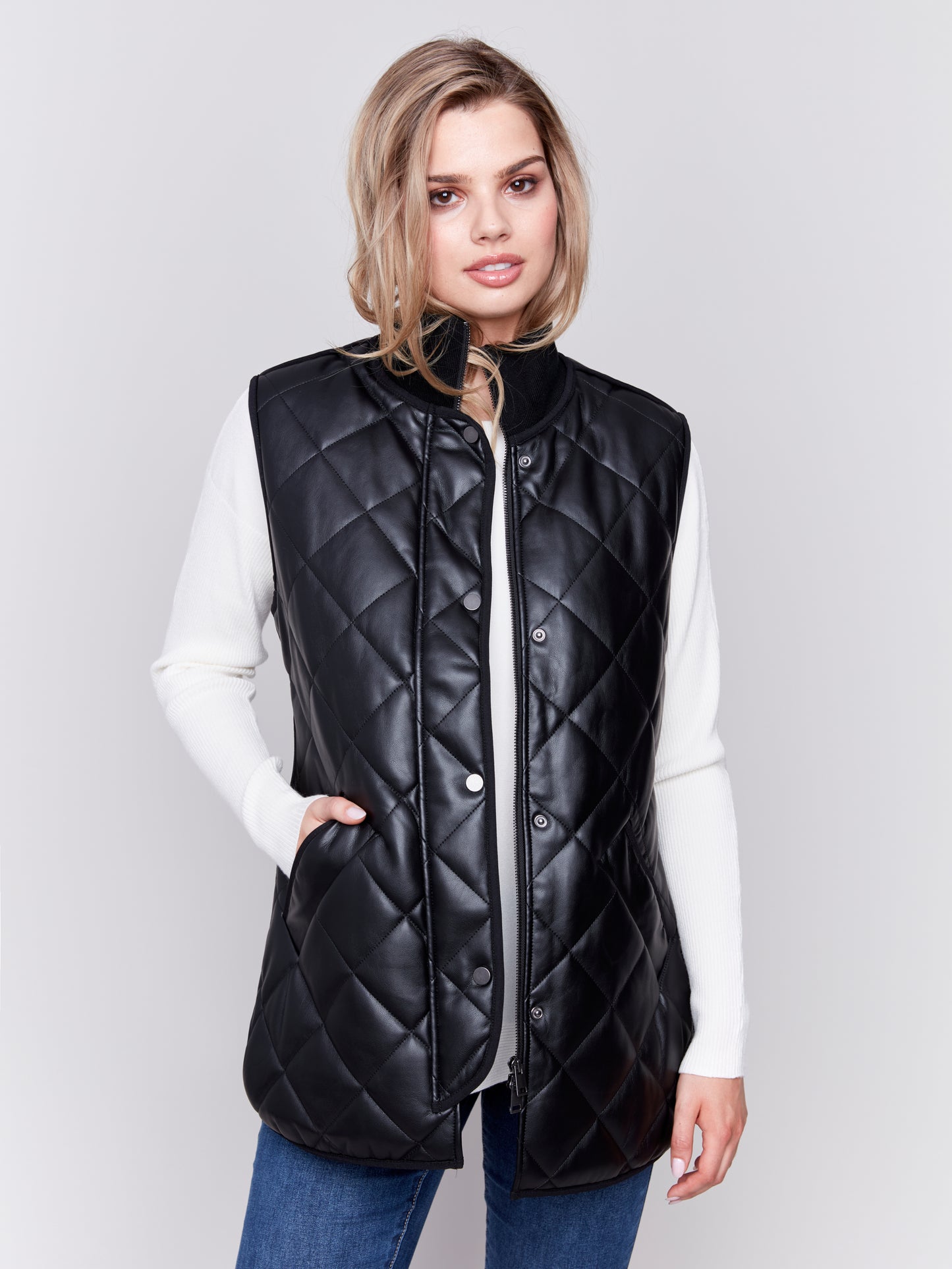 Long Quilted Leather Vest - Black