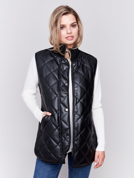 Long Quilted Leather Vest - Black