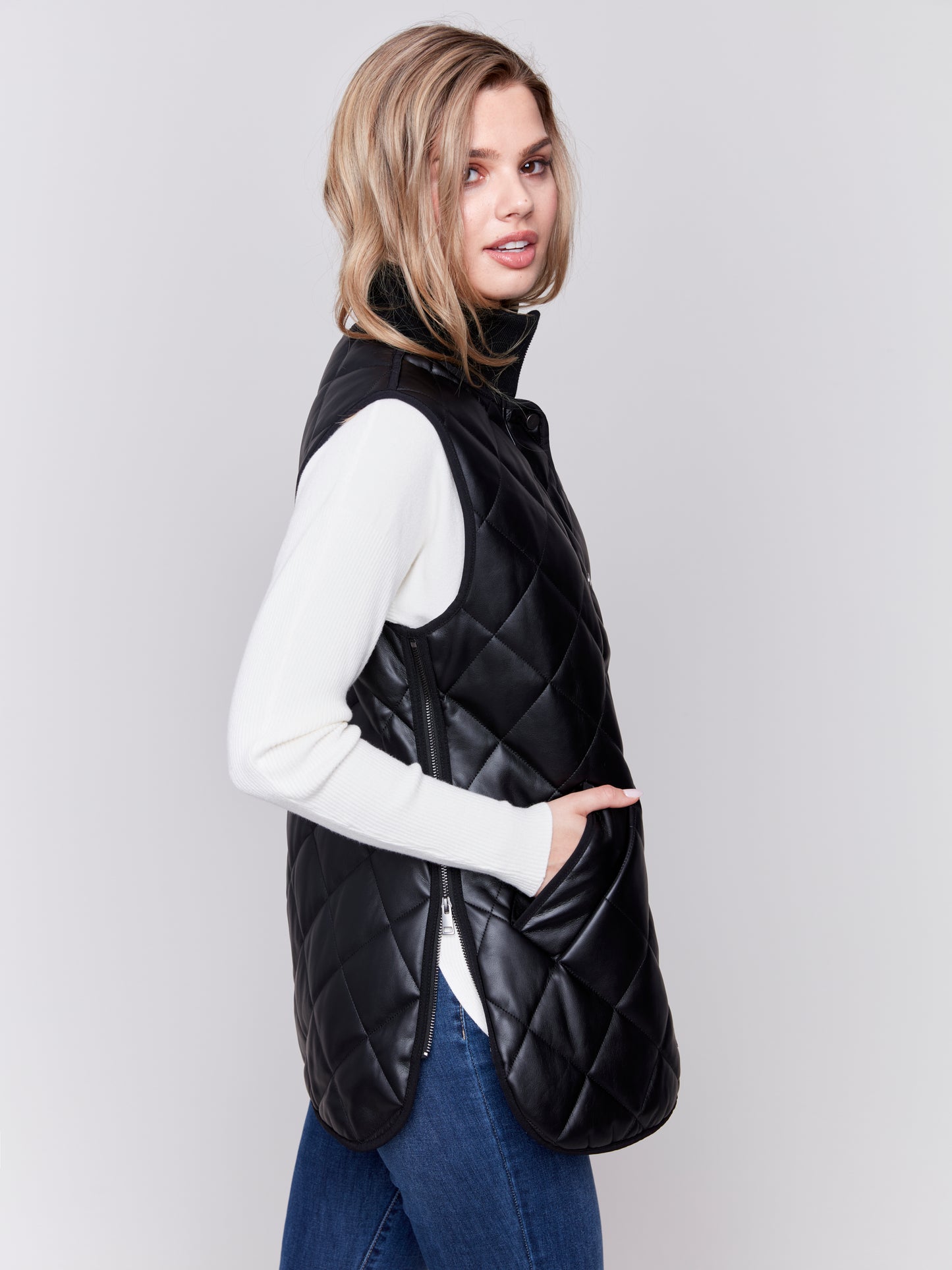 Long Quilted Leather Vest - Black