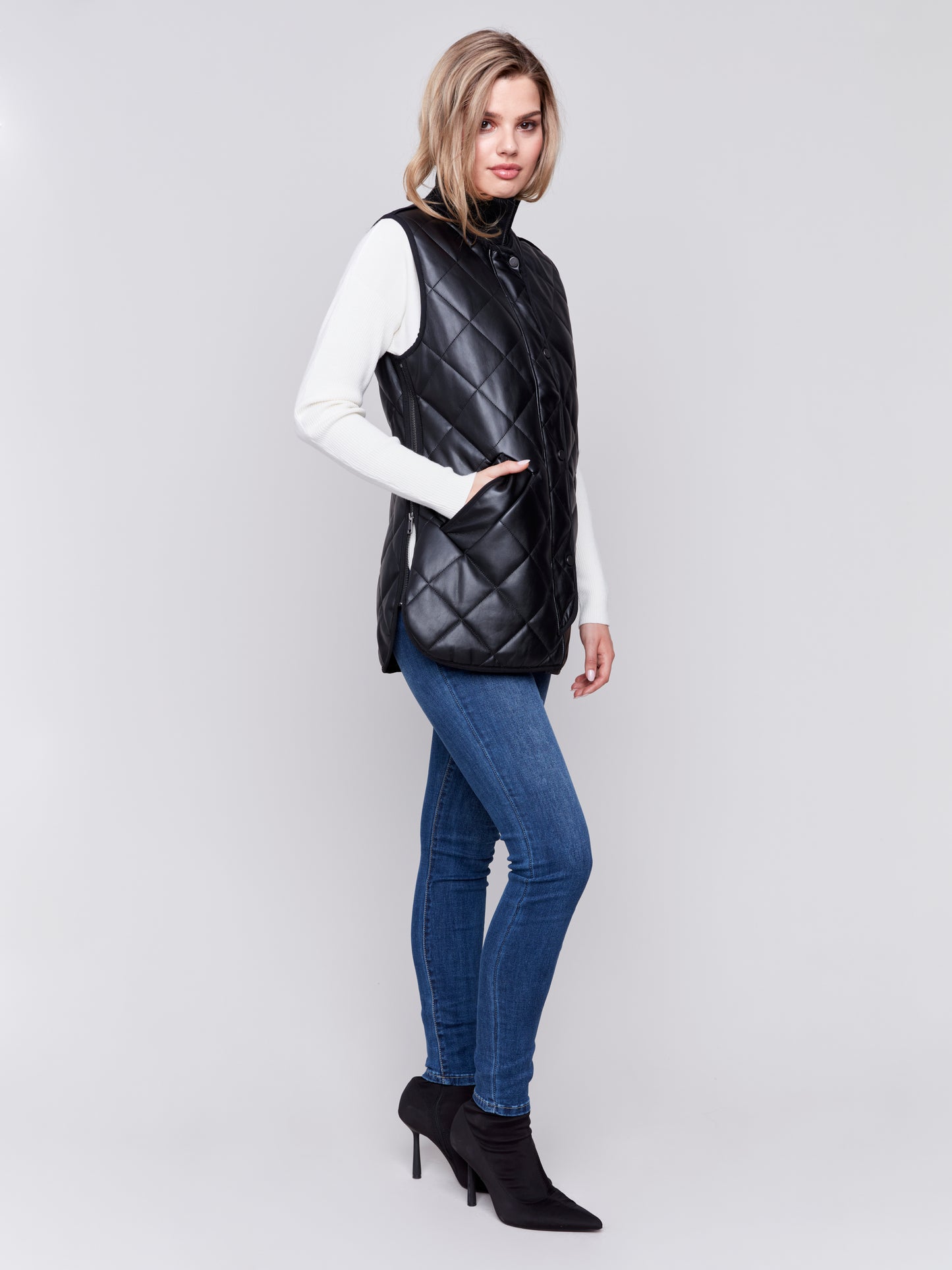 Long Quilted Leather Vest - Black