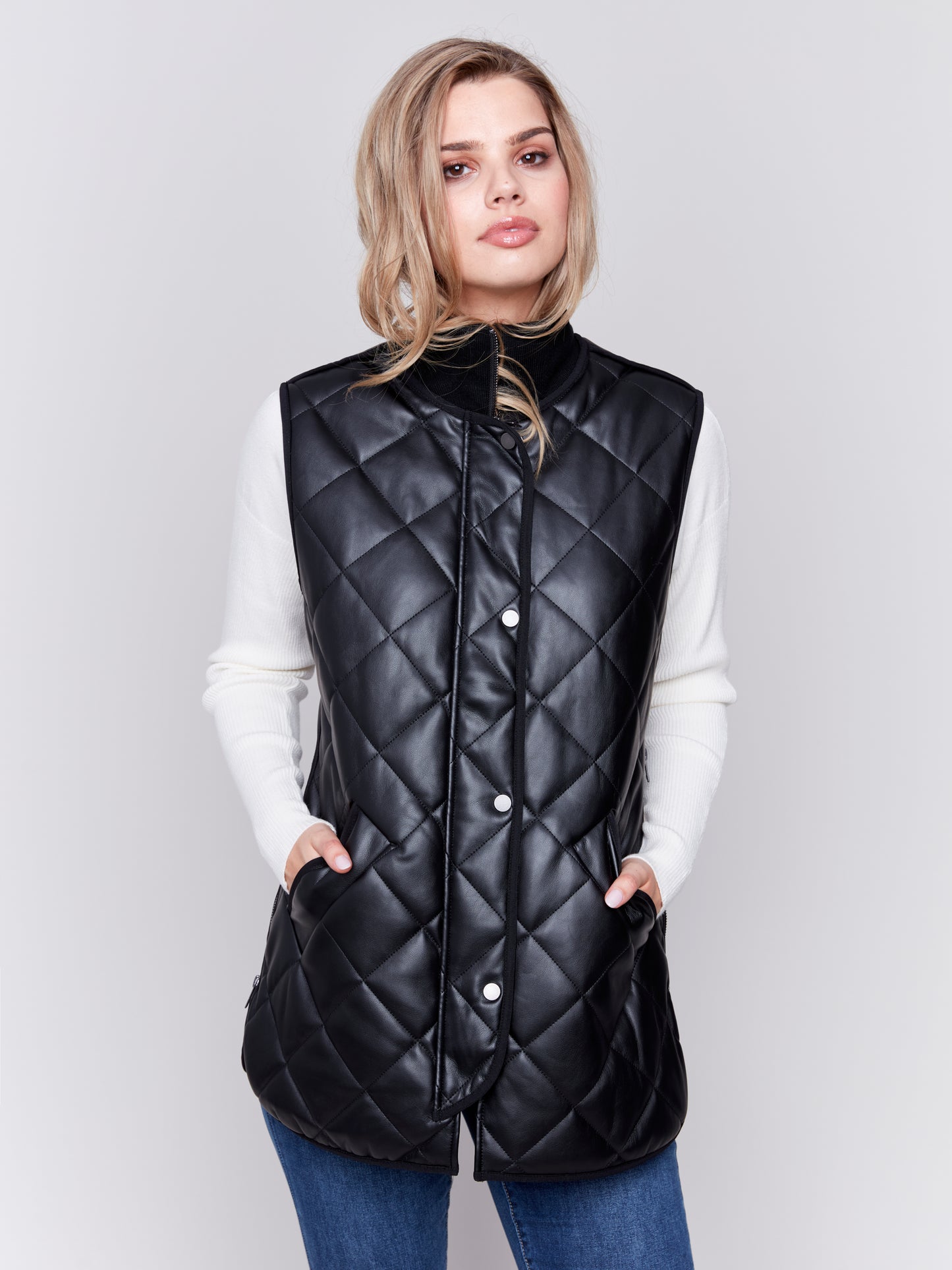 Long Quilted Leather Vest - Black