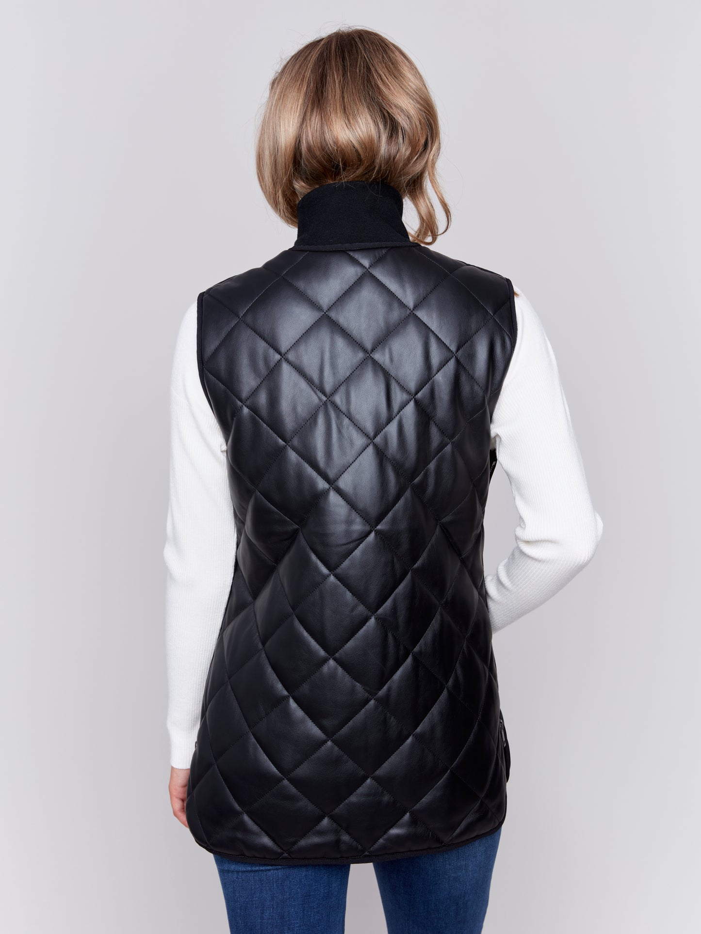 Long Quilted Leather Vest - Black