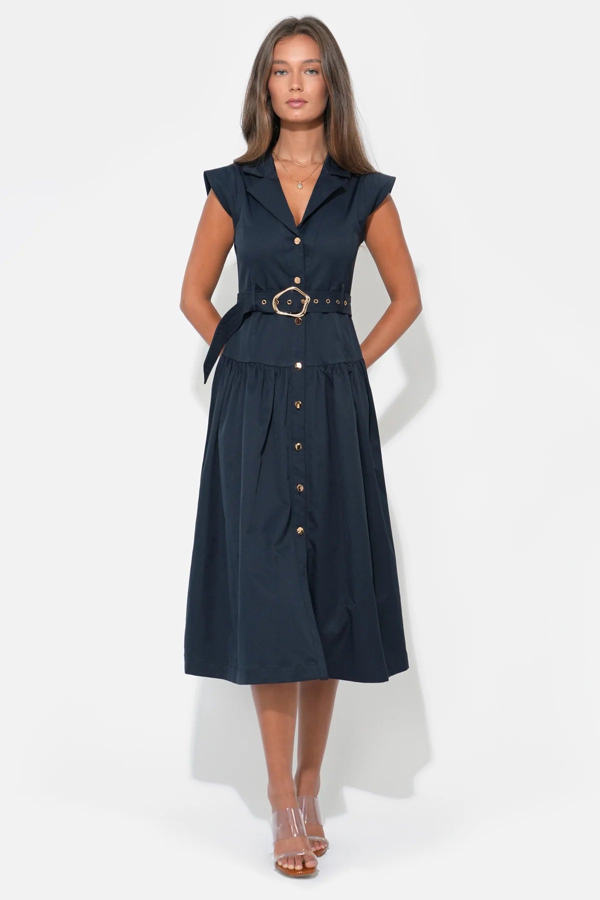 Olivia Button Up Belted Shirt Midi Dress