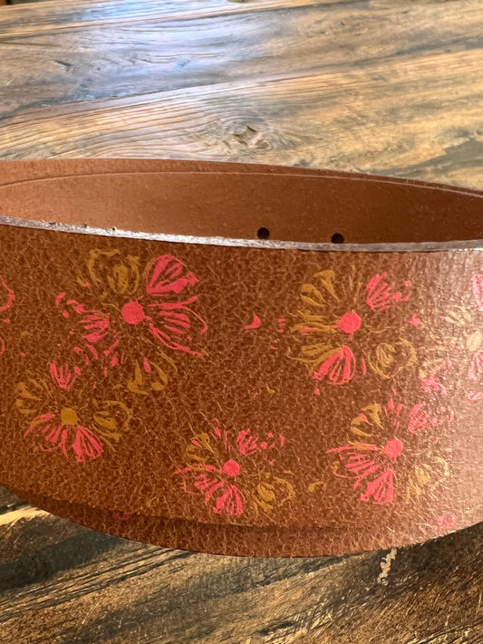 Leather Belt with Vintage Flower Print