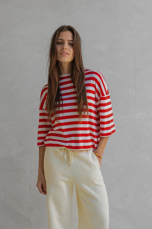 T-SHIRT STRIPE (W25T1188) TOMATO - ECRU