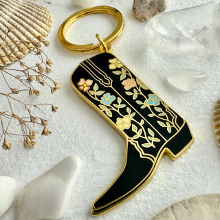 "Dolly" Cowboy Boot Enamel Keychain In Black/Gold