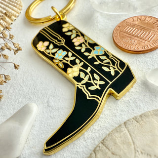 "Dolly" Cowboy Boot Enamel Keychain In Black/Gold