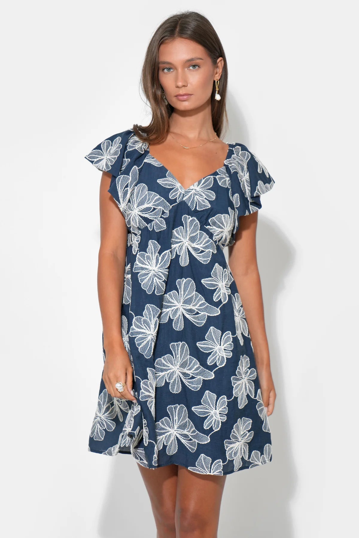 Lilah Ruffle Sleeve Embroidery Mini Dress