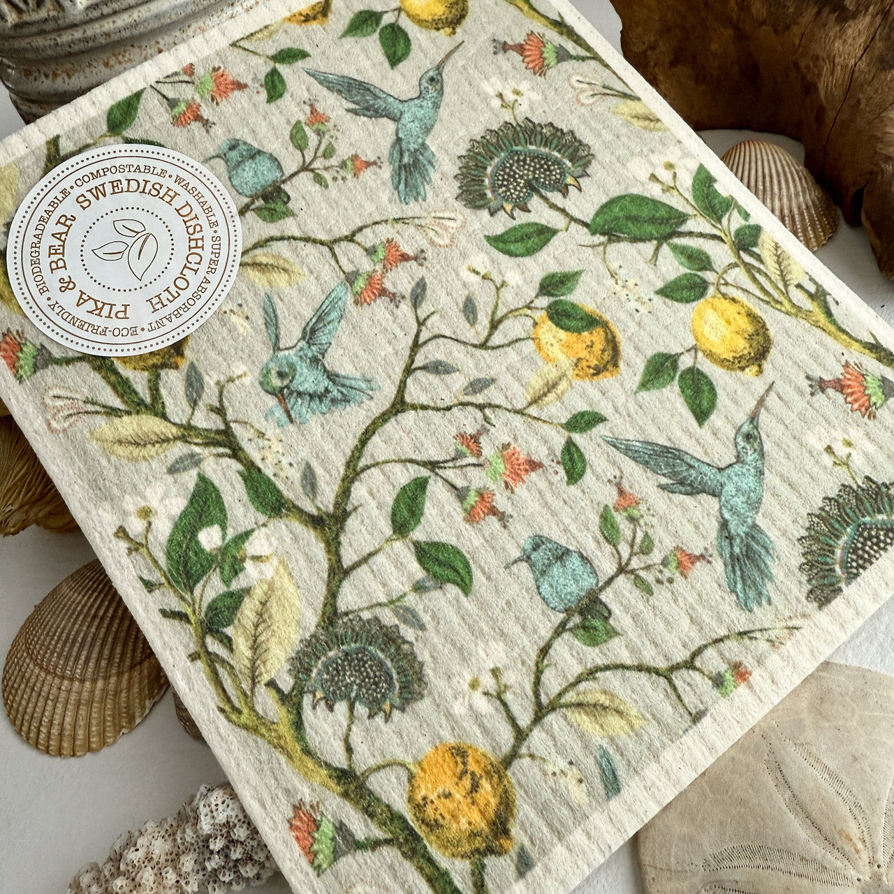 Jacobean Hummingbird & Flower Swedish Dishcloth