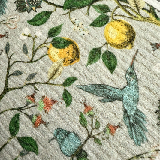 Jacobean Hummingbird & Flower Swedish Dishcloth