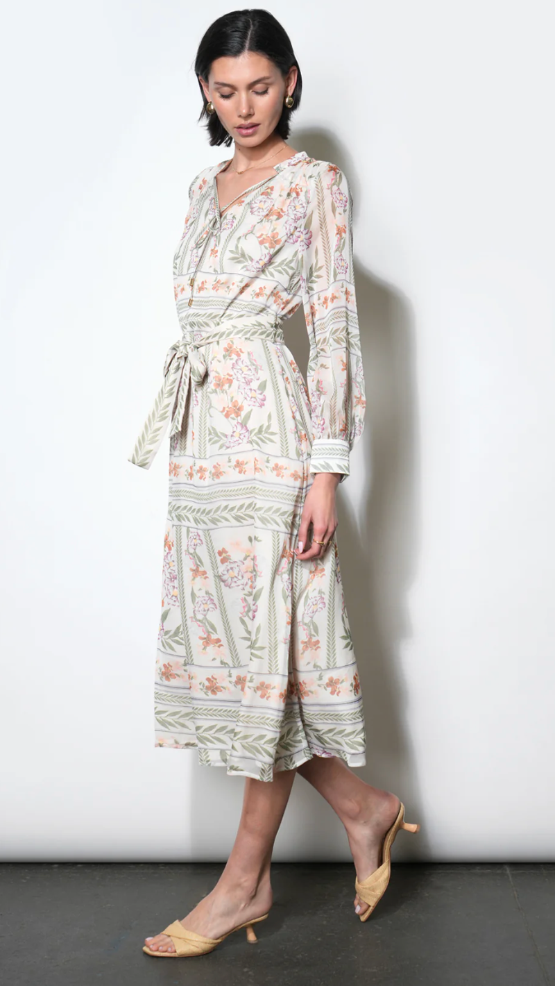 Reese Flowy Scarf Print Midi Dress With Tie Belt