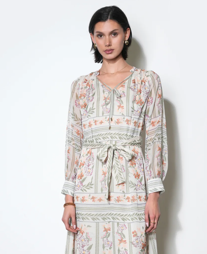 Reese Flowy Scarf Print Midi Dress With Tie Belt