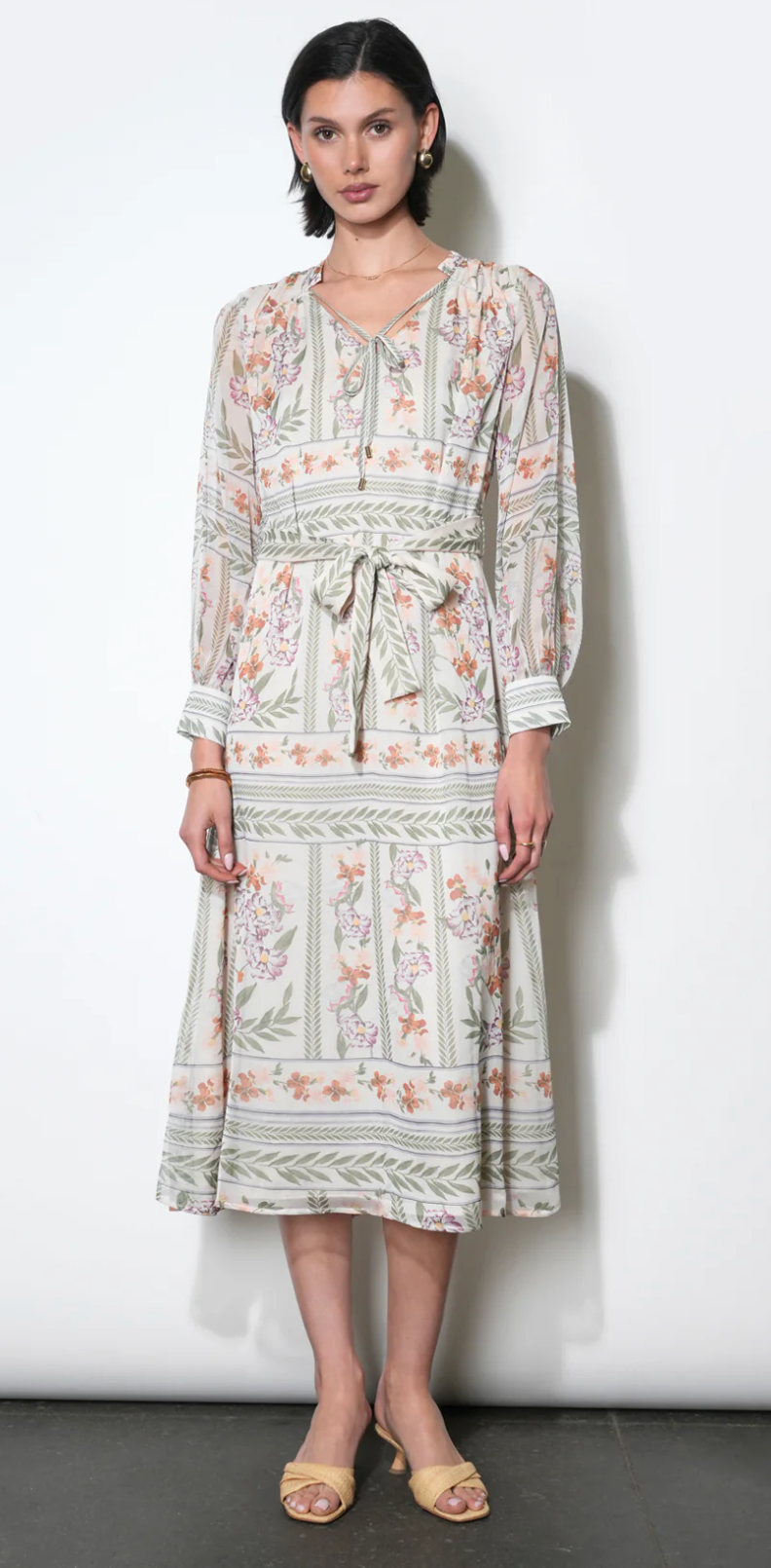 Reese Flowy Scarf Print Midi Dress With Tie Belt