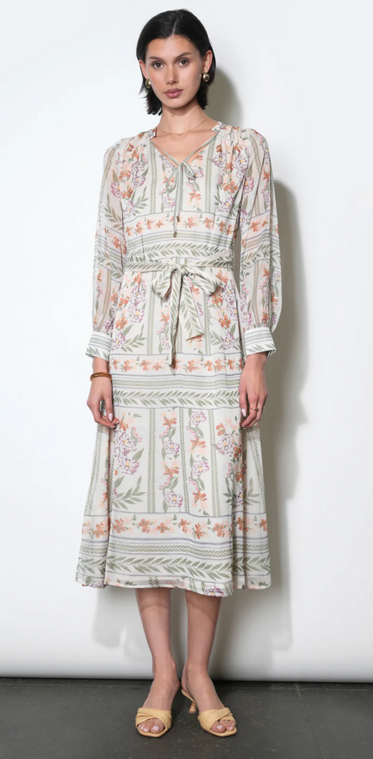 Reese Flowy Scarf Print Midi Dress With Tie Belt