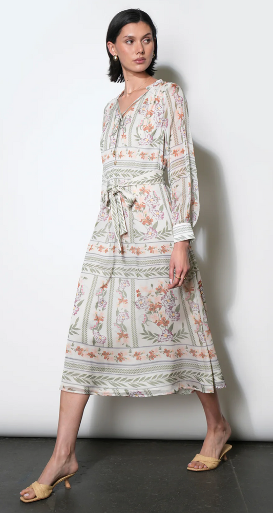Reese Flowy Scarf Print Midi Dress With Tie Belt