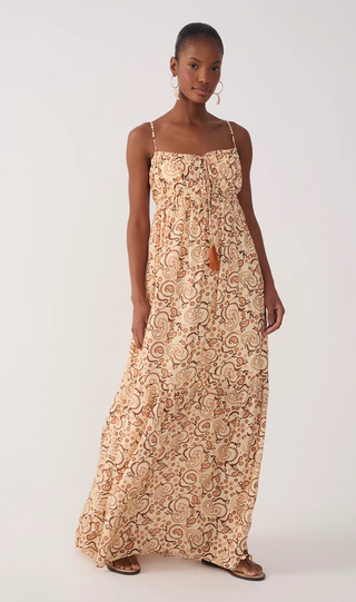 Beige Suspiro Ruchedd Lurex Maxi Dress in Beige Whisper