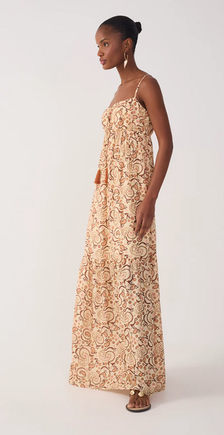 Beige Suspiro Ruchedd Lurex Maxi Dress in Beige Whisper
