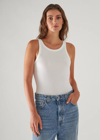 Pima Cotton Stretch High Crew Rib Tank - White