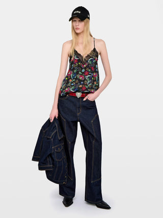 Christy Navy Silk Caraco With Lace