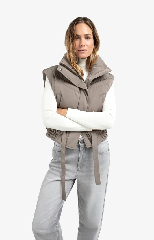 Oversized Crop Nylon Jacket with Detachable Sleeves - Taupe Grey