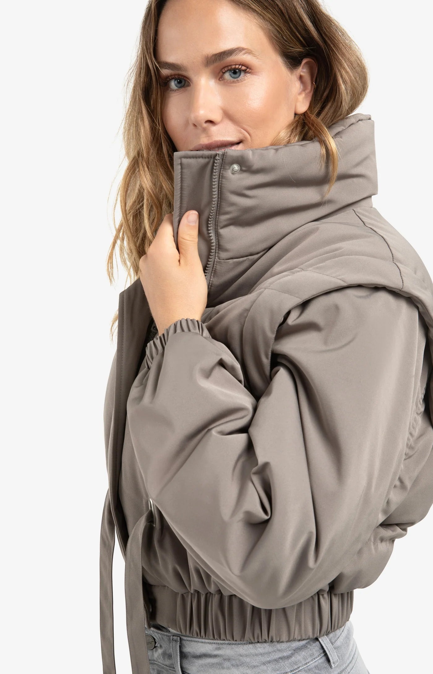 Oversized Crop Nylon Jacket with Detachable Sleeves - Taupe Grey