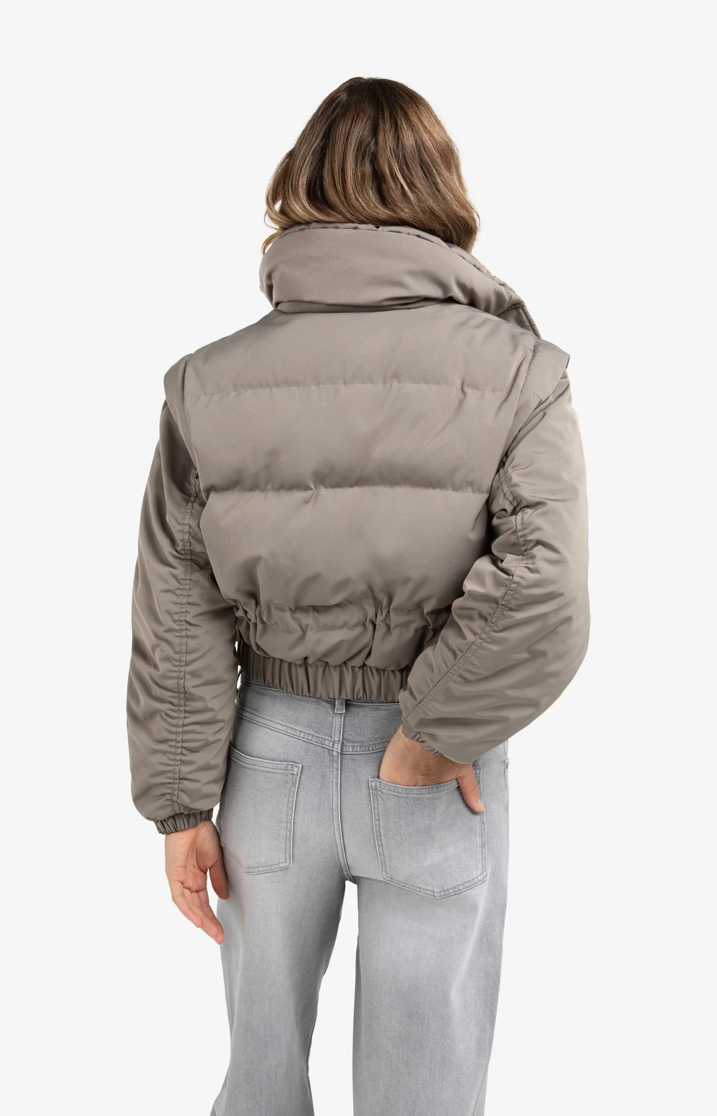 Oversized Crop Nylon Jacket with Detachable Sleeves - Taupe Grey