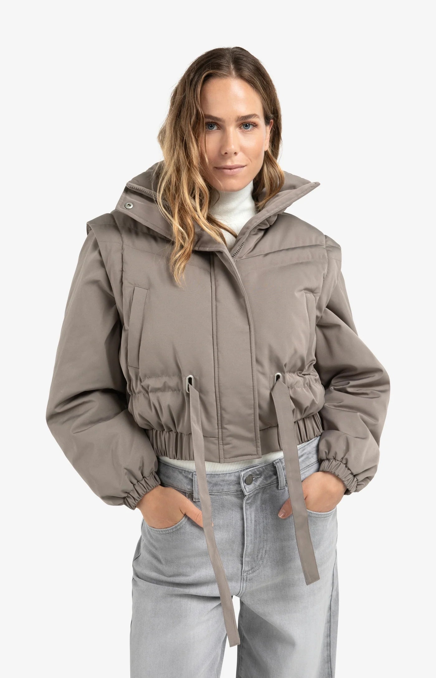 Oversized Crop Nylon Jacket with Detachable Sleeves - Taupe Grey